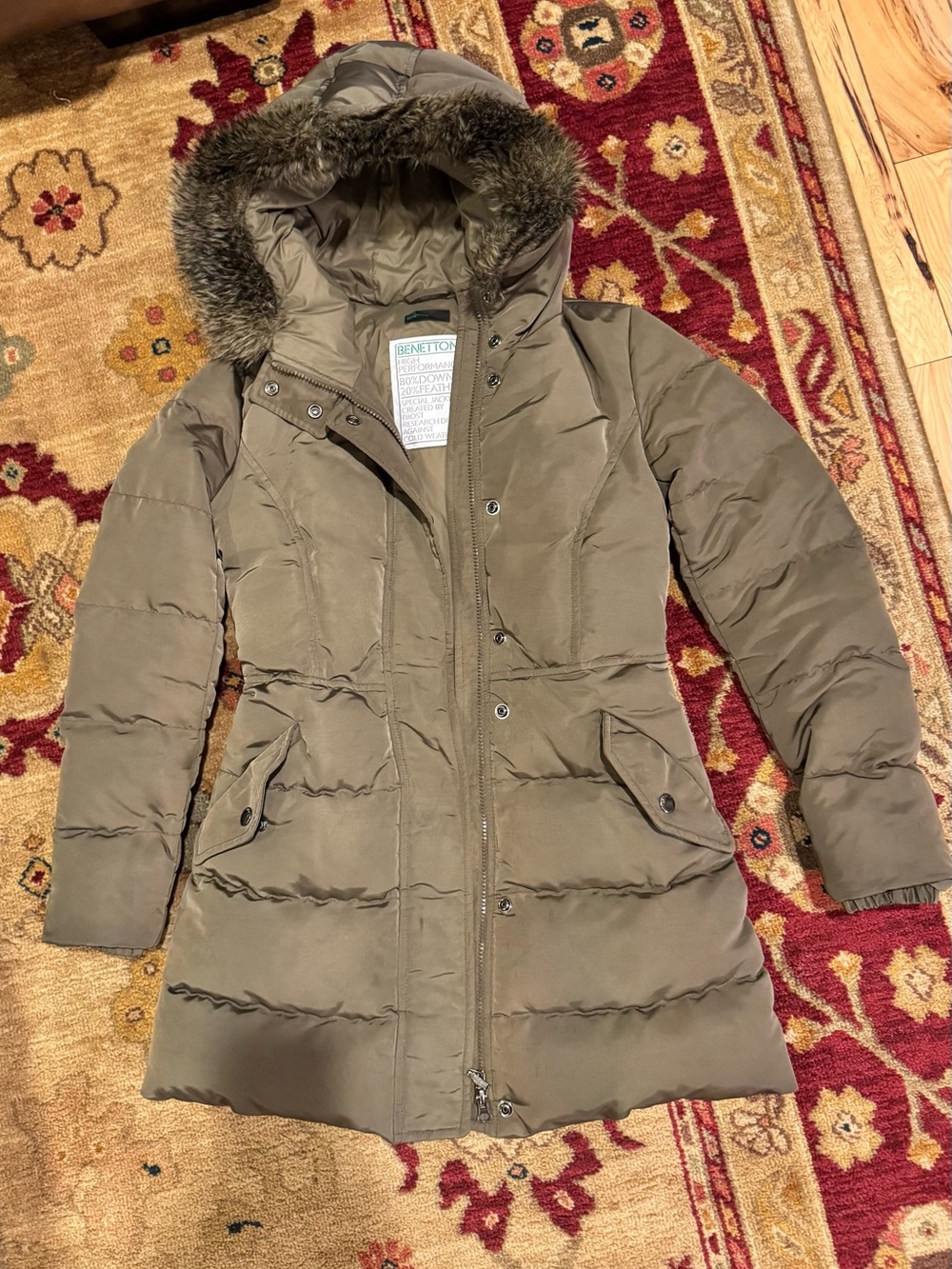 United Colors Of Benetton Small Hooded Quilted Puffer Coat with Faux Fur Trim